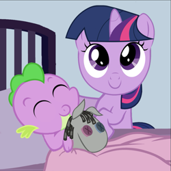 Size: 941x941 | Tagged: dead source, safe, artist:avisola, character:smarty pants, character:spike, character:twilight sparkle, character:twilight sparkle (unicorn), species:dragon, species:pony, species:unicorn, baby, baby dragon, baby spike, bed, blanket, cute, doll, female, filly, filly twilight sparkle, looking up, male, mama twilight, pillow, sleeping, spikabetes, spikelove, toy, twiabetes, younger