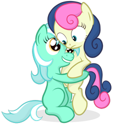 Size: 1000x1107 | Tagged: safe, artist:manateemckenzie, character:bon bon, character:lyra heartstrings, character:sweetie drops, species:earth pony, species:pony, species:unicorn, duo, female, filly, foal, hug, simple background, transparent background
