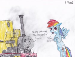 Size: 3276x2512 | Tagged: safe, artist:endlesswire94, character:rainbow dash, complaining, crossed arms, crossover, duncan, floating, grumpy, thomas the tank engine