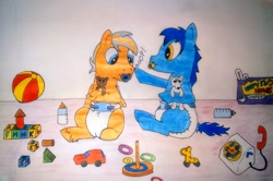 Size: 2323x1538 | Tagged: safe, artist:saxpony, oc, oc only, oc:skaj, oc:steel wing, species:pegasus, species:pony, baby, baby bottle, baby pony, blocks, boop, cute, diaper, foal, pacifier, plushie, smiling, toy