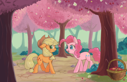 Size: 3000x1945 | Tagged: safe, artist:ikirunosindo, character:applejack, character:pinkie pie, species:earth pony, species:pony, episode:the last roundup, g4, my little pony: friendship is magic, cherry, cherry blossoms, cherry orchard, cherry tree, cute, duo, female, food, gypsy bard, mare, orchard, tree
