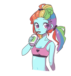 Size: 1296x1375 | Tagged: safe, artist:ikirunosindo, character:rainbow dash, my little pony:equestria girls, alternate hairstyle, belly button, cleavage, clothing, cute, dashabetes, dreadlocks, drink, female, looking at you, midriff, pony coloring, solo, sports bra