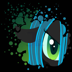 Size: 1024x1024 | Tagged: safe, artist:creamy_roux, character:queen chrysalis, species:changeling, angry, black background, changeling queen, close-up, female, floppy ears, looking at you, paint splatter, simple background, solo, watermark