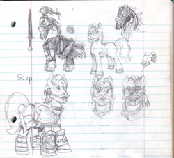 Size: 1172x1062 | Tagged: safe, artist:wisdom-thumbs, oc, oc only, species:earth pony, species:pony, armor, beard, chainmail, eyebrows, facial hair, lined paper, male, monochrome, pencil drawing, sketch, stallion, sword, swordpony, tattoo, traditional art, weapon