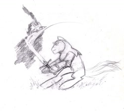 Size: 1388x1251 | Tagged: safe, artist:wisdom-thumbs, oc, oc only, species:earth pony, species:pony, species:unicorn, armor, fantasy class, fight, knight, monochrome, pencil drawing, sketch, sword, swordpony, traditional art, warrior, weapon