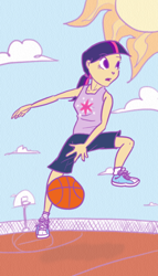 Size: 400x700 | Tagged: safe, artist:kymsnowman, character:twilight sparkle, species:human, basketball, clothing, female, humanized, ponytail, shoes, sneakers, solo, sports, tank top
