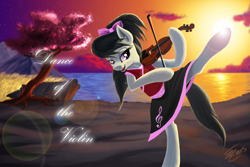 Size: 4680x3120 | Tagged: safe, artist:althyra-nex, character:octavia melody, species:pony, active stretch, bipedal, clothing, dancing, female, lens flare, lindsey stirling, musical instrument, solo, sunset, text, violin