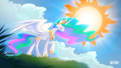 Size: 1600x900 | Tagged: safe, artist:seanica, character:princess celestia, cloud, crepuscular rays, eyes closed, female, raised hoof, solo, spread wings, sun, wings