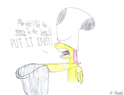 Size: 3282x2511 | Tagged: safe, artist:endlesswire94, character:fluttershy, bag, doing time, parody, sock, spongebob squarepants, traditional art, yelling