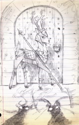 Size: 985x1553 | Tagged: safe, artist:wisdom-thumbs, character:blackthorn, species:deer, armor, door, grayscale, lined paper, medieval, monochrome, spear, swordpony, traditional art, warrior, weapon