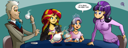 Size: 4163x1584 | Tagged: safe, artist:chillguydraws, character:diamond tiara, character:discord, character:starlight glimmer, character:sunset shimmer, species:human, absurd resolution, dialogue, food, humanized, magic, tea, telekinesis