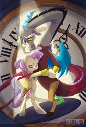 Size: 1079x1591 | Tagged: safe, artist:seanica, character:discord, character:fluttershy, species:draconequus, species:pegasus, species:pony, ship:discoshy, clock, crying, dancing, elderly, feels, female, immortality blues, male, older, shipping, straight