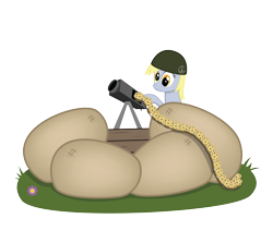 Size: 3124x2646 | Tagged: safe, artist:e-49, character:derpy hooves, species:pegasus, species:pony, female, food, gun, machine gun, mare, muffin, muffin gun, sandbag, simple background, solo, this will end in tears and/or breakfast, transparent background, vector, weapon