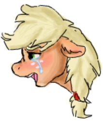Size: 742x870 | Tagged: safe, artist:graffiti, character:applejack, crying, female, lowres, sad, simple background, solo
