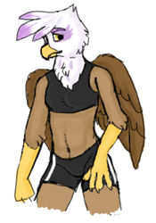 Size: 598x854 | Tagged: safe, artist:graffiti, character:gilda, species:anthro, species:griffon, belly button, clothing, female, midriff, pixelated, solo, sports bra, upscale