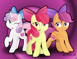 Size: 1280x976 | Tagged: safe, artist:sugarwings-art, character:apple bloom, character:scootaloo, character:sweetie belle, adorabloom, apple bloom's bow, backwards cutie mark, bow, cute, cutealoo, cutie mark, cutie mark crusaders, diasweetes, hair bow, open mouth, the cmc's cutie marks, tongue out, wink