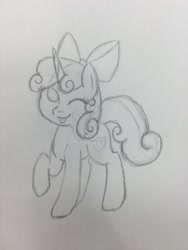Size: 960x1280 | Tagged: safe, artist:sugarwings-art, character:sweetie belle, blep, bow, female, hair bow, monochrome, pencil drawing, sketch, solo, tongue out, traditional art, wink