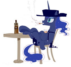 Size: 1247x1166 | Tagged: safe, artist:silfidum, character:princess luna, alcohol, cigar, clothing, cowboy hat, female, gun, hat, hooves on the table, revolver, sketch, smoking, solo, western