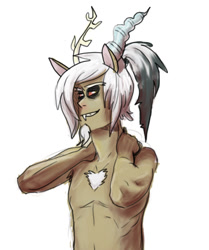 Size: 800x955 | Tagged: dead source, safe, artist:shufflestripes, character:discord, bare chest, horned humanization, humanized, topless