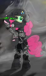 Size: 1024x1707 | Tagged: safe, artist:xphil1998, character:pinkie pie, cloaker, clothing, crossover, female, gloves, helmet, night vision goggles, nightstick, parody, payday, payday 2, solo