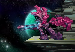 Size: 6000x4200 | Tagged: safe, artist:cybertoaster, character:pinkie pie, absurd resolution, female, robot, solo, space, spaceship, weapon