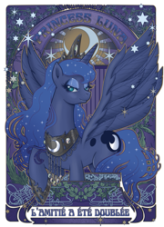 Size: 505x700 | Tagged: dead source, safe, artist:hezaa, character:princess luna, species:alicorn, species:pony, female, french, jewelry, lidded eyes, looking at you, mare, modern art, nouveau, solo, spread wings, wings