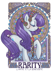 Size: 608x800 | Tagged: dead source, safe, artist:hezaa, character:rarity, species:pony, species:unicorn, female, french, jewelry, lidded eyes, mare, modern art, nouveau, profile, raised hoof, solo