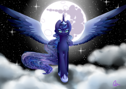 Size: 3496x2480 | Tagged: safe, artist:moon-wing, character:princess luna, cloud, female, mare in the moon, moon, solo, spread wings, stars, wings