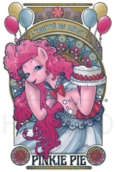 Size: 469x700 | Tagged: dead source, safe, artist:hezaa, character:pinkie pie, species:earth pony, species:pony, balloon, cake, candy, clothing, dress, female, food, french, lidded eyes, looking at you, mare, modern art, nouveau, solo, watermark