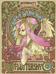 Size: 517x689 | Tagged: dead source, safe, artist:hezaa, character:fluttershy, species:pegasus, species:pony, butterfly, eyes closed, female, french, mare, modern art, nouveau, profile, solo, watermark