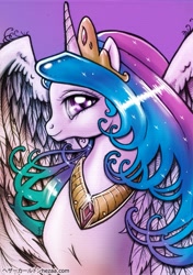 Size: 549x778 | Tagged: safe, artist:hezaa, character:princess celestia, species:alicorn, species:pony, female, mare, profile, solo, spread wings, wings