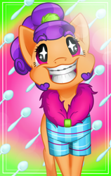 Size: 600x950 | Tagged: safe, artist:dedonnerwolke, character:plaid stripes, braces, clothing, female, plaidabetes, smiling, solo, starry eyes, wingding eyes