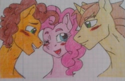 Size: 1385x905 | Tagged: safe, artist:tejedora, character:cheese sandwich, character:donut joe, character:pinkie pie, ship:cheesejoe, ship:cheesepie, ship:cheesepiejoe, ship:pinkiejoe, bisexual, blushing, crayon drawing, cute, female, gay, graph paper, lined paper, male, ot3, polyamory, shipping, straight, traditional art