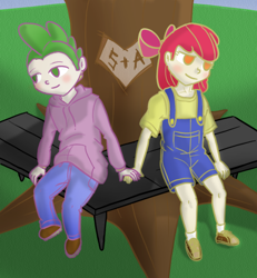Size: 600x650 | Tagged: safe, artist:kymsnowman, character:apple bloom, character:spike, species:human, ship:spikebloom, bench, blushing, clothing, cute, female, holding hands, hoodie, humanized, male, overalls, pants, shipping, shirt, shoes, spiky hair, straight, tree, yellow shirt