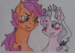 Size: 1037x733 | Tagged: safe, artist:tejedora, character:diamond tiara, character:scootaloo, blushing, crayon drawing, cute, female, graph paper, lesbian, lined paper, long neck, older, scootalove, scootiara, shipping, traditional art, wink