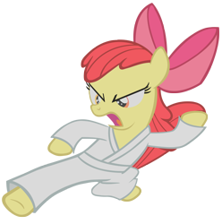 Size: 9672x9750 | Tagged: safe, artist:tootootaloo, character:apple bloom, episode:call of the cutie, g4, my little pony: friendship is magic, absurd resolution, clothing, female, gi, karate, kick, martial arts, robe, simple background, solo, transparent background, trousers, vector, white belt