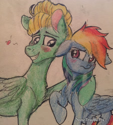 Size: 2430x2706 | Tagged: safe, artist:snowfoxythefox, character:rainbow dash, character:zephyr breeze, episode:flutter brutter, g4, my little pony: friendship is magic, annoyed, blushing, chest fluff, colored, colored pencil drawing, colored sketch, cute, ear fluff, female, floppy ears, fluffy, male, shipping, straight, traditional art, tsunderainbow, tsundere, zephdash