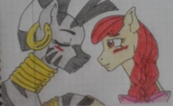 Size: 1147x701 | Tagged: safe, artist:tejedora, character:apple bloom, character:zecora, species:zebra, ship:zecobloom, blushing, bow, crayon drawing, cute, female, graph paper, hair bow, lesbian, lined paper, older, shipping, simple background, traditional art, white background
