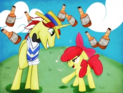 Size: 1600x1200 | Tagged: safe, artist:strabarybrick, character:apple bloom, character:flim, bow tie, cider, clothing, drunk, drunker bloom, flimbloom, one eye closed, shirt