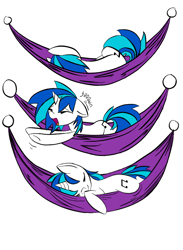Size: 704x960 | Tagged: dead source, safe, artist:linkling, artist:mcclakken, character:dj pon-3, character:vinyl scratch, species:pony, species:unicorn, cute, female, hammock, mare, simple background, sleeping, solo, stretching, white background, yawn