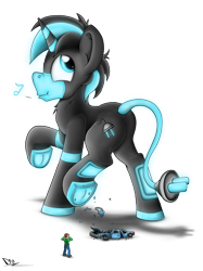 Size: 4130x5530 | Tagged: safe, artist:fandroit, oc, oc only, oc:lenny light, species:human, species:pony, species:unicorn, absurd resolution, car, crushing, giant pony, glow, hooves, macro, male, original species, plug, smiling, underhoof, whistling