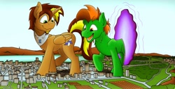 Size: 1600x816 | Tagged: dead source, safe, artist:fandroit, oc, oc only, oc:brightmind, oc:fandroit, species:earth pony, species:pony, city, crushing, destruction, doomsday, giant pony, growth, macro, male, mega giant, portal, rampage, stallion, stomping