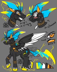 Size: 1008x1280 | Tagged: safe, artist:sapphirus, oc, oc only, species:pony, adoptable, colored hooves, colored wings, colored wingtips, design, elemental, gray background, lightning, lightning pony, male, simple background, stallion, watermark