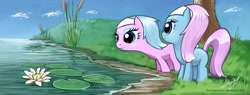 Size: 1318x500 | Tagged: safe, artist:saurabhinator, character:aloe, character:lotus blossom, species:earth pony, species:pony, duo, female, filly, flower, foal, pond, sisters, spa twins, water, water lily, younger