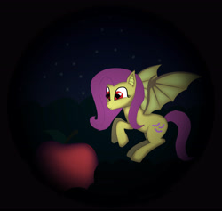 Size: 4667x4425 | Tagged: safe, artist:e-49, character:flutterbat, character:fluttershy, species:bat pony, species:pony, absurd resolution, apple, female, food, heart eyes, night, race swap, solo, wingding eyes