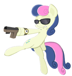 Size: 3929x4114 | Tagged: safe, artist:overlord-derpy, character:bon bon, character:sweetie drops, species:earth pony, species:pony, bon bond, colored, cutie mark, drawing, female, glock, gun, handgun, hooves, mare, pistol, revolver, simple background, solo, sunglasses, teeth, transparent background, watch, weapon, who needs trigger fingers