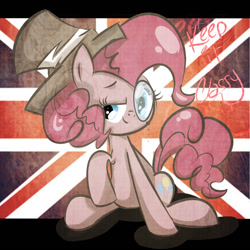 Size: 1080x1080 | Tagged: safe, artist:strabarybrick, character:pinkie pie, britain, british, classy, clothing, female, hat, monocle, monocle and top hat, solo, top hat, union jack