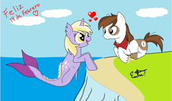 Size: 2155x1278 | Tagged: safe, artist:estevangel, character:dinky hooves, character:pipsqueak, ship:dinkysqueak, female, heart, male, merpony, older, shipping, spanish, straight
