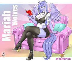 Size: 800x679 | Tagged: safe, artist:skyraptor, oc, oc only, oc:mariah wolves, species:alicorn, species:anthro, species:plantigrade anthro, species:pony, alicorn oc, anthro oc, belly button, big breasts, book, breasts, cleavage, clothing, crossed legs, female, glasses, high heels, sitting, solo, stockings
