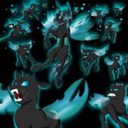 Size: 1771x1771 | Tagged: safe, artist:schokocream, character:queen chrysalis, species:changeling, changeling swarm, flying, gritted teeth, growling